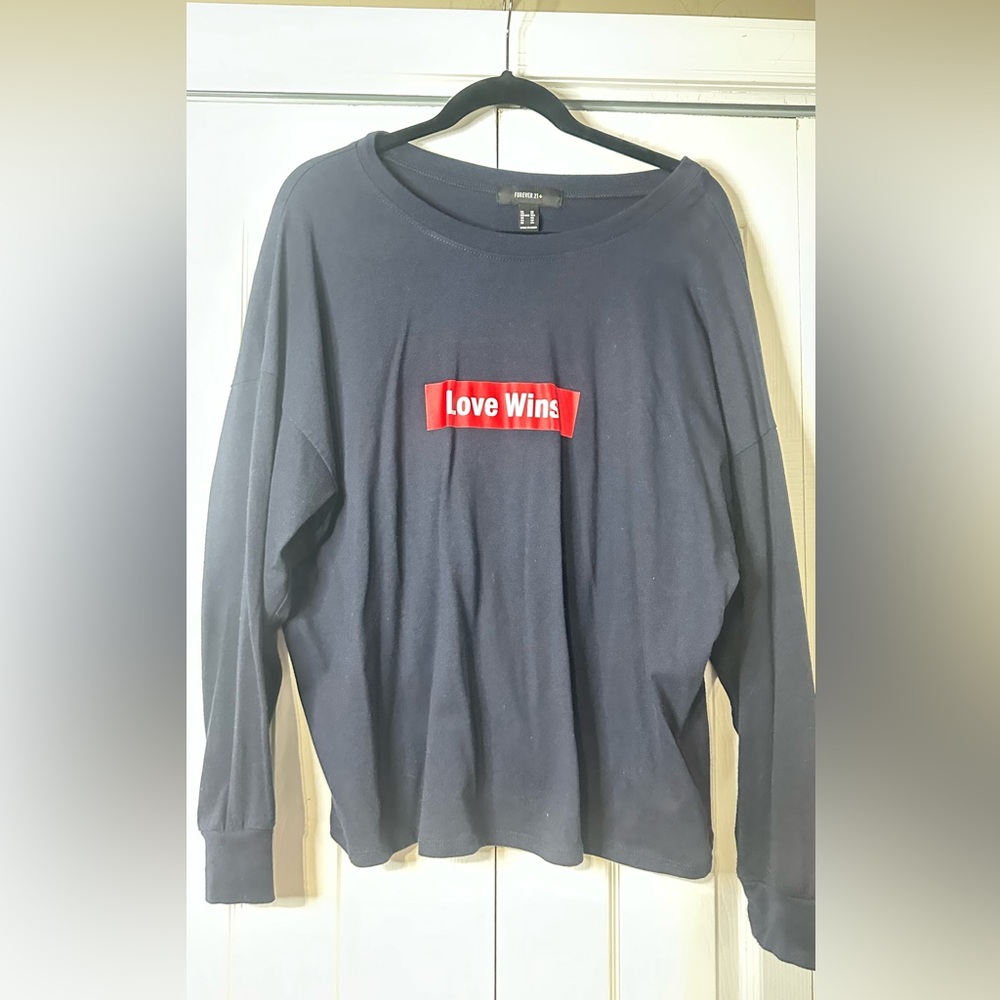 Black Long Sleeve Shirt with Red 'Love Wins' Graphic